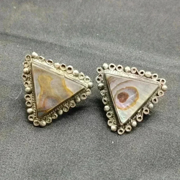 Sterling Silver Abalone Shell Taxco Style Vintage Screwback Earrings - Picture 1 of 3